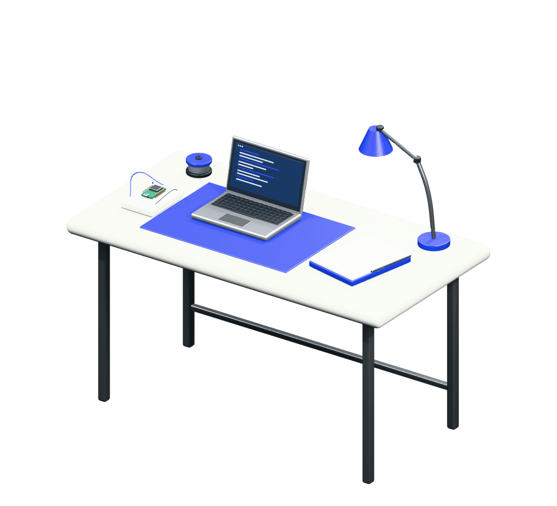 A modeled workbench with a laptop, electronics breadboard, notebook, and task lamp.